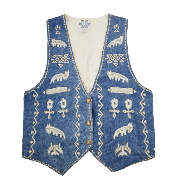 oo designs Jackets & Blazers - OO Designs 100% Cotton Western Style Vest Unisex Small Blue Denim Embroiled Rare